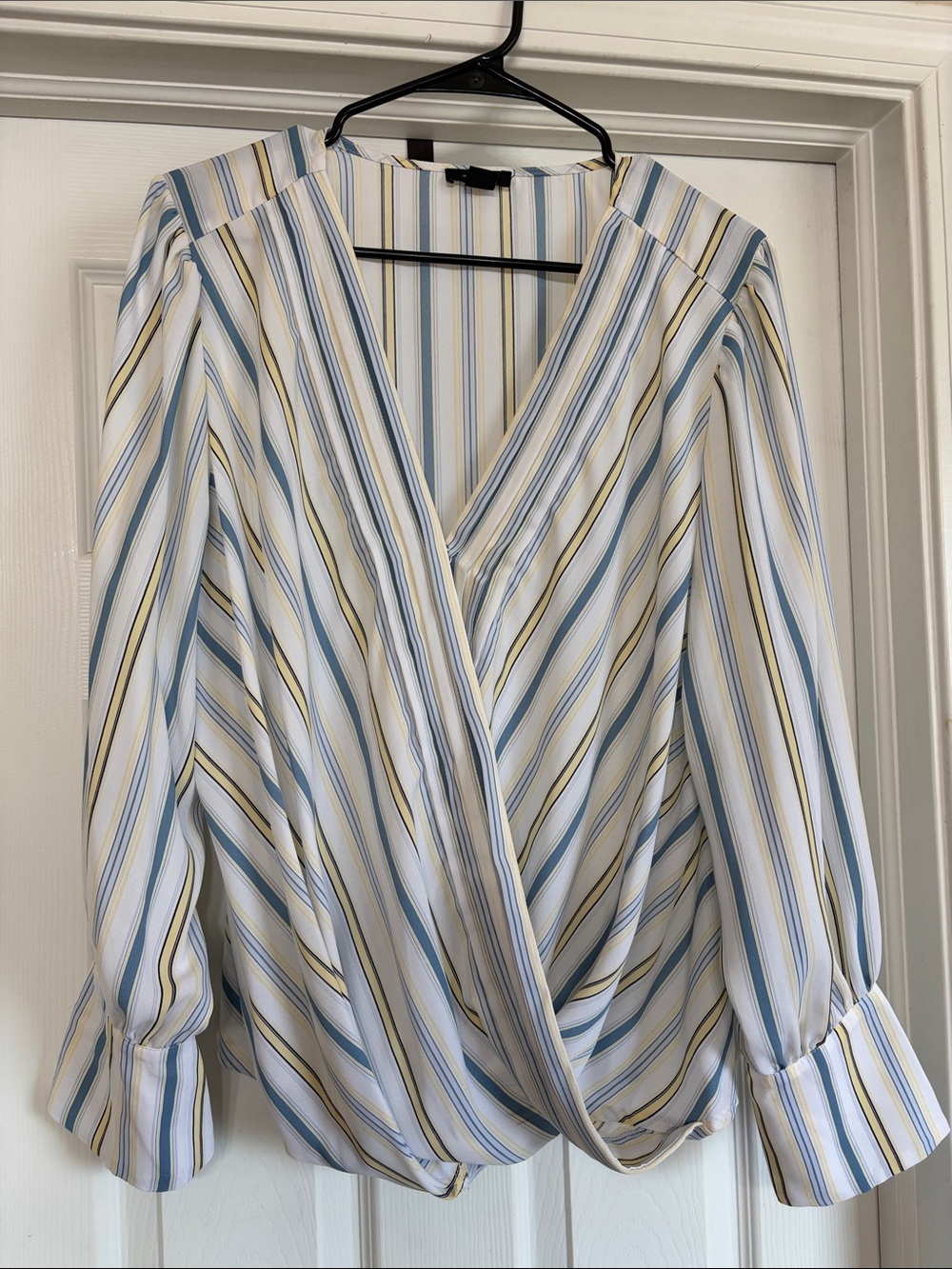 Halogen Blue, White & Yellow Striped Wrap Blouse